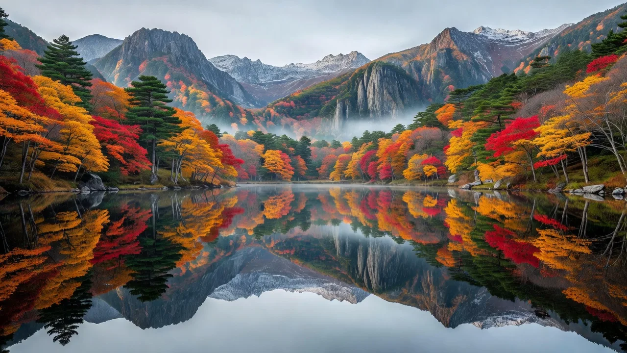 紅葉に囲まれた山間の湖のイメージ写真